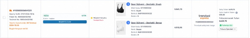 Trendyol satıcı paneli sipariş satırında Bimetrik kârlılık özeti